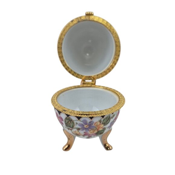 Egg Trinket Box Vintage Floral Porcelain Gold Accents Hinged Lid Tripod Legs - Picture 3 of 10